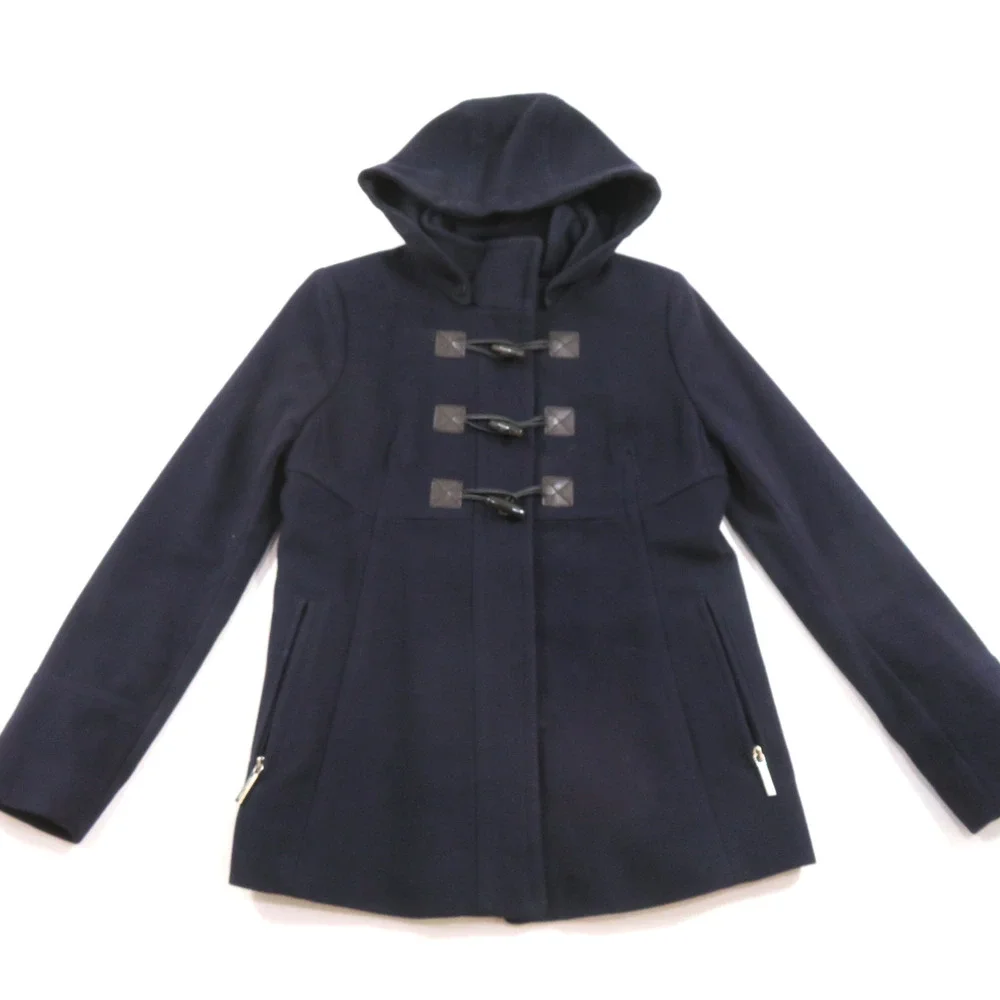 Michael Kors Coat Hooded Wool Blend Navy Blue Zip and Toggle Buttons Sz M